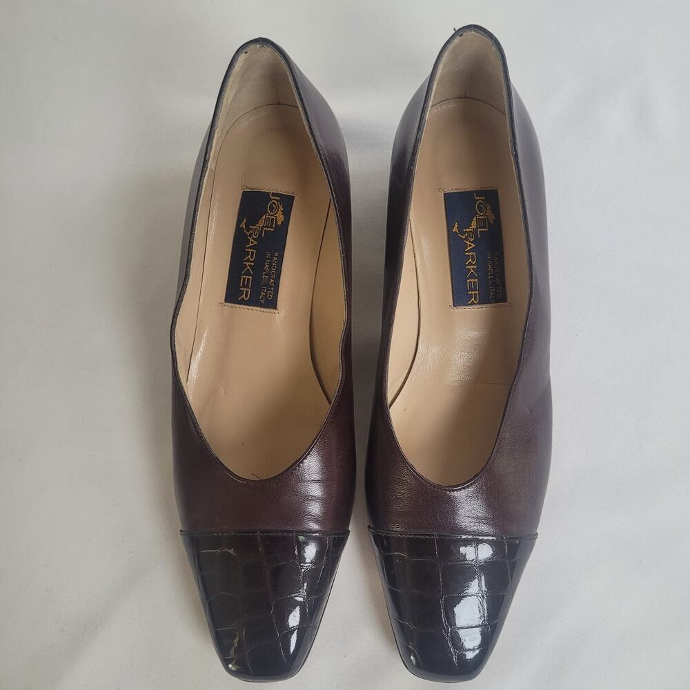 Joel Parker Italy Brown Leather Pumps 7.5B Croc Cap Toe Block Heel Old Money